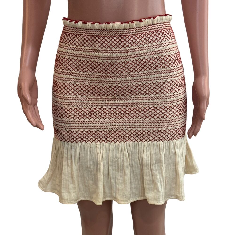 Mes Demoiselles Paris Thelma Mini Skirt Size XS Cream Red Smocked Ruffle Boho
